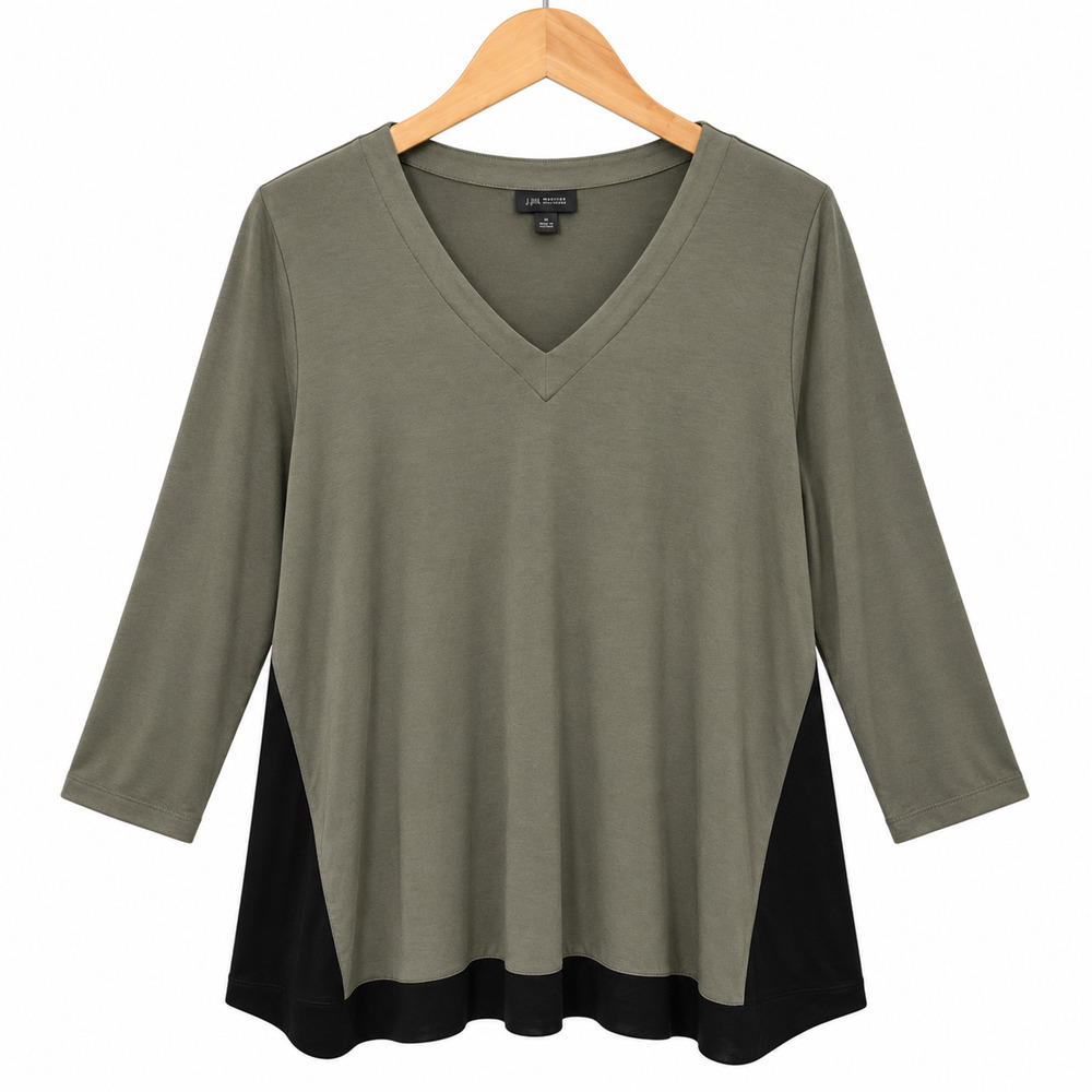 J Jill Wearever Top Womens XL Green Black Colorblock V-Neck Tunic 3/4 Sleeve